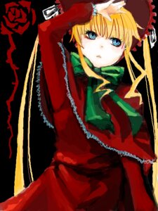 Rating: Safe Score: 0 Tags: 1girl black_background blonde_hair blue_eyes bow bowtie cowboy_shot dress green_bow image long_hair long_sleeves looking_at_viewer rose shinku solo User: admin