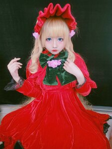 Rating: Safe Score: 0 Tags: 1girl bangs black_background blonde_hair blue_eyes bonnet dress flower long_hair long_sleeves looking_at_viewer photo red_dress red_flower red_rose rose shinku solo traditional_media User: admin