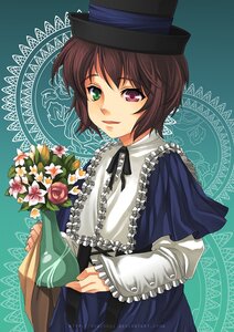 Rating: Safe Score: 0 Tags: 1girl bouquet brown_hair flower frills green_eyes hat heterochromia holding image long_sleeves looking_at_viewer red_eyes ribbon rose short_hair smile solo souseiseki suiseiseki top_hat User: admin