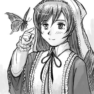 Rating: Safe Score: 0 Tags: 1girl bird bird_on_hand blush frills greyscale image long_hair long_sleeves looking_at_viewer monochrome simple_background smile solo suiseiseki upper_body white_background User: admin