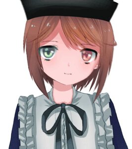 Rating: Safe Score: 0 Tags: 1girl apron bangs black_headwear black_ribbon blue_dress blush brown_eyes brown_hair closed_mouth eyebrows_visible_through_hair frills green_eyes hat image looking_at_viewer neck_ribbon ribbon short_hair simple_background solo souseiseki upper_body white_background User: admin