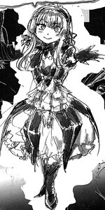 Rating: Safe Score: 0 Tags: 1girl boots closed_mouth dress frills greyscale hairband image long_hair long_sleeves looking_at_viewer monochrome smile solo suigintou User: admin