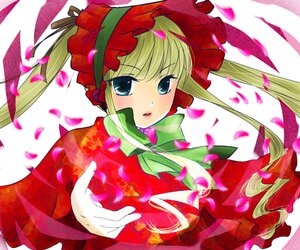 Rating: Safe Score: 0 Tags: 1girl blonde_hair blue_eyes bonnet bow bowtie dress flower green_bow image long_hair long_sleeves looking_at_viewer petals red_dress rose_petals shinku simple_background solo upper_body white_background User: admin