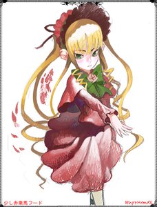 Rating: Safe Score: 0 Tags: 1girl artist_name blonde_hair bonnet bow bowtie dress flower green_eyes green_neckwear image long_hair long_sleeves looking_at_viewer red_dress rose shinku simple_background solo very_long_hair watermark web_address white_background User: admin