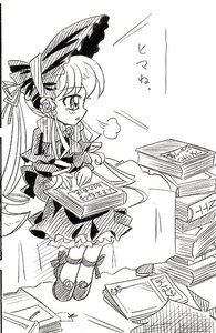 Rating: Safe Score: 0 Tags: 1girl dress frills greyscale hair_ribbon hat image long_hair monochrome ribbon shinku shoes solo User: admin