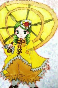 Rating: Safe Score: 0 Tags: 1girl dress drill_hair flower frills full_body green_eyes green_hair image kanaria long_sleeves looking_at_viewer ribbon solo standing twin_drills umbrella yellow_dress User: admin