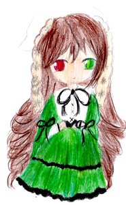 Rating: Safe Score: 0 Tags: 1girl brown_hair dress green_dress green_eyes hat heterochromia image long_hair long_sleeves looking_at_viewer red_eyes simple_background solo suiseiseki white_background User: admin