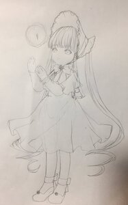 Rating: Safe Score: 0 Tags: 1girl bangs closed_mouth dress eyebrows_visible_through_hair full_body image long_hair long_sleeves looking_at_viewer monochrome shinku socks solo standing traditional_media twintails very_long_hair User: admin