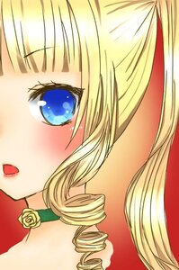 Rating: Safe Score: 0 Tags: 1girl bangs blonde_hair blue_eyes blush close-up drill_hair eyebrows_visible_through_hair face flower image long_hair open_mouth ponytail portrait red_background ribbon rose shinku simple_background solo User: admin