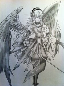 Rating: Safe Score: 0 Tags: 1girl bangs dress eyebrows_visible_through_hair feathered_wings flower frills graphite_(medium) greyscale hairband holding holding_weapon image long_hair long_sleeves looking_at_viewer monochrome rose solo suigintou traditional_media weapon wings User: admin