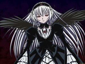 Rating: Safe Score: 0 Tags: 1girl black_wings detached_collar dress flower frills hairband image juliet_sleeves long_hair long_sleeves looking_at_viewer puffy_sleeves red_eyes rose simple_background solo suigintou very_long_hair wings User: admin