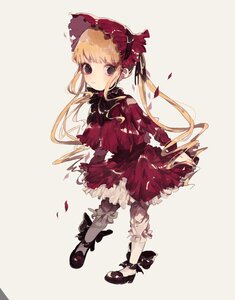 Rating: Safe Score: 0 Tags: 1girl blonde_hair bloomers blue_eyes bonnet bow dress full_body image long_hair long_sleeves looking_at_viewer petals red_dress shinku simple_background solo standing twintails underwear User: admin