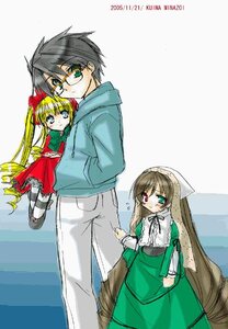 Rating: Safe Score: 0 Tags: 1boy 2girls blonde_hair blue_eyes blush bonnet bow brown_hair dress glasses green_dress green_eyes head_scarf heterochromia image long_hair long_sleeves looking_at_viewer multiple_girls pair pants red_eyes shinku shoes siblings smile striped suiseiseki twintails very_long_hair User: admin