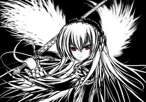 Rating: Safe Score: 0 Tags: 1girl black_background dress feathered_wings frown greyscale hairband holding holding_sword holding_weapon image lolita_hairband long_hair long_sleeves looking_at_viewer monochrome serious solo suigintou sword upper_body weapon wings User: admin