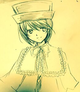 Rating: Safe Score: 0 Tags: 1girl bangs bow bowtie capelet closed_mouth eyebrows_visible_through_hair frills hat image long_sleeves looking_at_viewer monochrome short_hair simple_background smile solo souseiseki traditional_media upper_body yellow_background yellow_theme User: admin