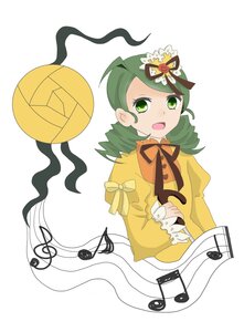 Rating: Safe Score: 0 Tags: 1girl dress drill_hair green_eyes green_hair hat image kanaria long_sleeves open_mouth ribbon short_hair smile solo striped vertical_stripes white_background yellow_dress User: admin