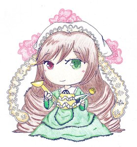 Rating: Safe Score: 0 Tags: 1girl brown_hair chibi dress drill_hair flower food frills green_dress green_eyes holding image long_hair smile solo suiseiseki very_long_hair User: admin