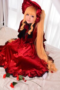 Rating: Safe Score: 0 Tags: 1girl blonde_hair blue_eyes bonnet curtains dress flower frills lolita_fashion long_hair looking_at_viewer red_dress red_flower red_rose rose shinku sitting solo twintails very_long_hair User: admin