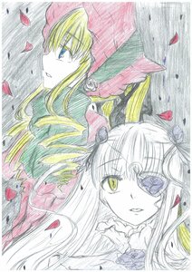 Rating: Safe Score: 0 Tags: 2girls barasuishou blonde_hair blue_eyes eyepatch flower image long_hair multiple_girls pair parted_lips petals profile rose rose_petals shinku traditional_media watercolor_(medium) User: admin