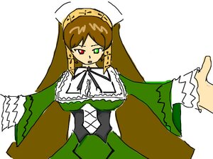 Rating: Safe Score: 0 Tags: 1girl breasts brown_hair corset dress earrings frills green_dress green_eyes heterochromia image jewelry long_hair long_sleeves red_eyes solo suiseiseki very_long_hair white_background User: admin