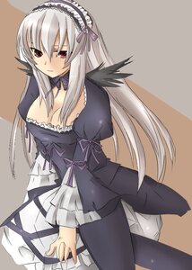 Rating: Safe Score: 0 Tags: 1girl black_legwear breasts cleavage detached_collar dress frilled_sleeves frills hairband image lolita_fashion long_hair long_sleeves looking_at_viewer pantyhose puffy_sleeves red_eyes ribbon silver_hair simple_background solo suigintou wings User: admin