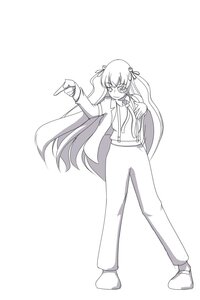 Rating: Safe Score: 0 Tags: 1girl barasuishou full_body greyscale hair_ribbon image index_finger_raised long_hair long_sleeves looking_at_viewer monochrome pants pointing scar shirt solo standing striped vertical_stripes very_long_hair User: admin
