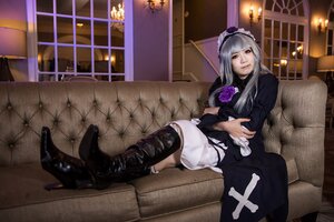 Rating: Safe Score: 0 Tags: 1girl boots couch flower gothic_lolita high_heel_boots high_heels lolita_fashion long_hair silver_hair sitting solo suigintou thighhighs User: admin
