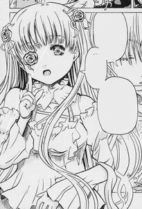 Rating: Safe Score: 0 Tags: 1girl dress flower frills greyscale hair_flower hair_ornament image kirakishou lineart long_hair long_sleeves looking_at_viewer monochrome open_mouth rose solo traditional_media User: admin