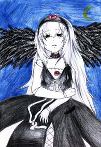 Rating: Safe Score: 0 Tags: 1girl black_dress black_wings crescent_moon dress feathered_wings feathers hairband image long_hair marker_(medium) monochrome moon sky solo suigintou traditional_media wings User: admin
