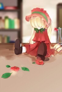 Rating: Safe Score: 0 Tags: 1girl blonde_hair blurry bonnet depth_of_field dress drill_hair flower hat image long_hair long_sleeves red_dress shinku shoes sitting solo User: admin