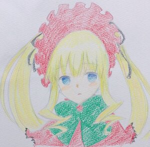 Rating: Safe Score: 0 Tags: 1girl bangs blonde_hair blue_eyes blush bonnet closed_mouth eyebrows_visible_through_hair flower image long_hair looking_at_viewer photo portrait shinku simple_background solo traditional_media twintails upper_body User: admin