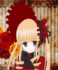 Rating: Safe Score: 0 Tags: 1girl blonde_hair blue_eyes bonnet bow dress flower image long_hair looking_at_viewer red_flower red_rose rose shinku solo twintails User: admin