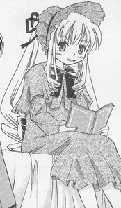 Rating: Safe Score: 0 Tags: 1girl blush bonnet book bowtie dress frills greyscale image long_hair long_sleeves looking_at_viewer monochrome shinku simple_background sitting smile solo User: admin