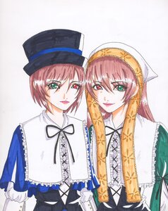 Rating: Safe Score: 0 Tags: 2girls bangs frills green_eyes hat heterochromia image long_hair long_sleeves looking_at_viewer multiple_girls pair pink_hair red_eyes ribbon short_hair siblings sisters smile souseiseki striped suiseiseki top_hat twins User: admin