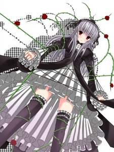 Rating: Safe Score: 0 Tags: 1girl black_legwear blush dress flower frills hairband image lolita_fashion long_hair long_sleeves looking_at_viewer red_eyes red_flower red_rose rose silver_hair solo suigintou thighhighs thorns vines weapon User: admin