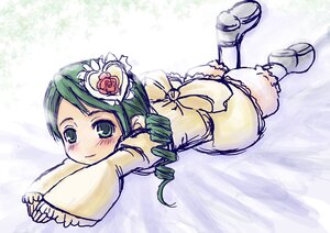 Rating: Safe Score: 0 Tags: 1girl blush boots drill_hair flower full_body green_eyes green_hair hair_ornament image kanaria long_sleeves looking_at_viewer lying on_stomach solo twin_drills User: admin