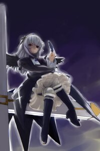 Rating: Safe Score: 0 Tags: 1girl boots crossed_legs dress feathers frills from_below image knee_boots long_hair long_sleeves red_eyes silver_hair sitting solo suigintou wings User: admin