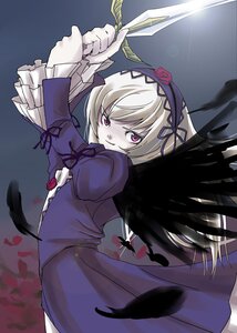 Rating: Safe Score: 0 Tags: 1girl black_wings commentary_request dress feathers flower frilled_sleeves frills hairband holding holding_weapon image long_hair long_sleeves looking_at_viewer nonimiya_noni pale_skin purple_eyes purple_flower purple_rose rose rozen_maiden silver_hair solo suigintou sword weapon wings User: admin