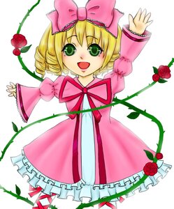 Rating: Safe Score: 0 Tags: 1girl :d blonde_hair bow dress flower frills green_eyes hina_ichigo hinaichigo image long_sleeves looking_at_viewer open_mouth pink_bow pink_rose plant red_flower red_rose rose short_hair smile solo thorns vines User: admin