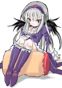Rating: Safe Score: 0 Tags: 1girl black_wings boots detached_collar dress frills full_body hairband image juliet_sleeves long_hair long_sleeves looking_at_viewer red_eyes silver_hair simple_background sitting smile solo suigintou white_background wings User: admin