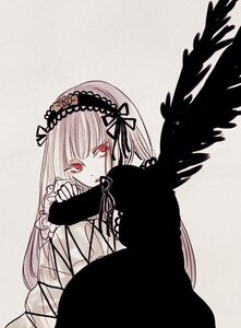 Rating: Safe Score: 0 Tags: 1girl black_wings dress feathered_wings feathers frilled_sleeves frills hairband image long_hair long_sleeves looking_at_viewer monochrome red_eyes ribbon rose solo suigintou wings User: admin