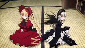 Rating: Safe Score: 0 Tags: 2girls blonde_hair blue_eyes bow dress frills hairband image long_hair long_sleeves multiple_girls pair red_eyes shinku silver_hair sitting suigintou twintails wings User: admin