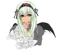 Rating: Safe Score: 0 Tags: 1girl bangs black_ribbon closed_mouth dress finger_to_mouth flower frilled_sleeves frills hairband image long_hair long_sleeves looking_at_viewer red_eyes rose simple_background smile solo striped suigintou upper_body white_background wings User: admin