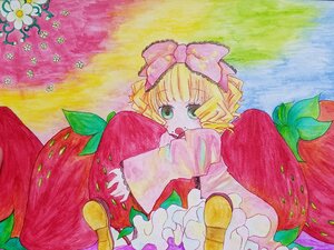 Rating: Safe Score: 0 Tags: 1girl blonde_hair bow dress flower food frills fruit grapes green_eyes hair_bow hina_ichigo hinaichigo holding_fruit image long_sleeves minigirl object_namesake open_mouth pink_bow plant short_hair solo strawberry tomato traditional_media watermelon User: admin