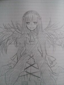 Rating: Safe Score: 0 Tags: 1girl closed_mouth dress feathered_wings frills graphite_(medium) greyscale hairband image long_hair long_sleeves looking_at_viewer monochrome simple_background sketch solo suigintou traditional_media wings User: admin