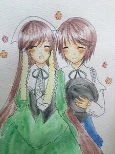 Rating: Safe Score: 0 Tags: 2girls black_ribbon blush braid brown_hair closed_eyes dress flower hat_removed headwear_removed image long_hair long_sleeves multiple_girls pair purple_hair ribbon short_hair siblings sisters smile souseiseki suiseiseki traditional_media watercolor_(medium) User: admin