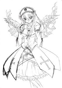 Rating: Safe Score: 0 Tags: 1girl breasts dress eyebrows_visible_through_hair frills greyscale image long_hair long_sleeves looking_at_viewer monochrome solo standing suigintou white_background wings User: admin