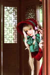 Rating: Safe Score: 0 Tags: 1girl bangs blonde_hair blue_eyes blurry bonnet bow curtains dress flower hat indoors lips long_hair long_sleeves looking_at_viewer shinku solo window User: admin