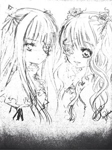 Rating: Safe Score: 0 Tags: 2girls bangs barasuishou blunt_bangs blush greyscale hair_ornament image kirakishou long_hair looking_at_viewer monochrome multiple_girls pair smile User: admin