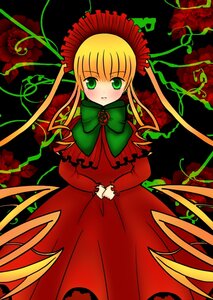 Rating: Safe Score: 0 Tags: 1girl blonde_hair bonnet bow bowtie capelet dress flower green_eyes image long_hair long_sleeves looking_at_viewer plant red_dress red_flower rose shinku sidelocks solo standing thorns vines User: admin